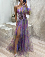 Mia - Bezaubernde Eleganz – One-Shoulder-Maxikleid mit hohem Schlitz | Abendkleid mit Federn und One-Shoulder-Träger