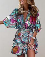 Nimfa - Ärmel V-Ausschnitt gerafftes Minikleid