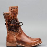 Damen Lederstiefeletten – Vintage Schnürstiefel mit Nieten und Flachem Absatz aus Echtleder