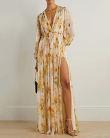 Nele - Langärmliges Maxikleid mit Blumendruck im Bohemian-Stil | Elegantes Maxikleid mit tiefem Ausschnitt und Blumenmuster