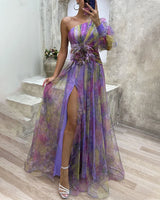 Mia - Bezaubernde Eleganz – One-Shoulder-Maxikleid mit hohem Schlitz | Abendkleid mit Federn und One-Shoulder-Träger