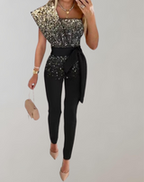 Layla - Luxuriöser Jumpsuit mit Schleifengürtel und Glitzerdetail