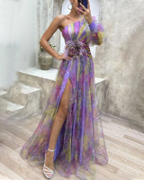 Mia - Bezaubernde Eleganz – One-Shoulder-Maxikleid mit hohem Schlitz | Abendkleid mit Federn und One-Shoulder-Träger