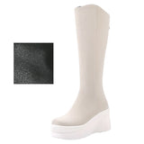 Damen Plateau-Stiefel Schwarz – Kniehohe Kunstlederstiefel mit Keilabsatz für Herbst und Winter