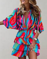 Nimfa - Ärmel V-Ausschnitt gerafftes Minikleid