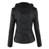 Damen Biker-Jacke aus Kunstleder – Stylische Jacke mit Kapuze und Reißverschlüssen, ideal für Herbst und Frühjahr