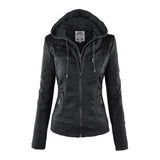 Damen Biker-Jacke aus Kunstleder – Stylische Jacke mit Kapuze und Reißverschlüssen, ideal für Herbst und Frühjahr
