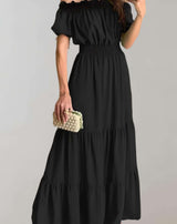 Cheena - Schulterfreies gerüschtes langes Maxikleid