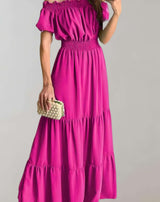 Cheena - Schulterfreies gerüschtes langes Maxikleid