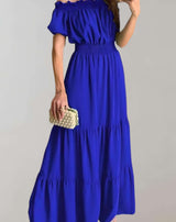 Cheena - Schulterfreies gerüschtes langes Maxikleid