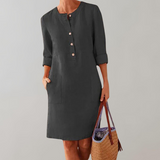 Yuna - bequemes Hemdkleid Damen | Button-Down-Front-Damenkleid | Zeitloses Kleid mit Dreiviertelärmeln