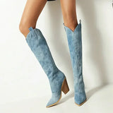 Viola - Schicke kniehohe Westernstiefel aus Denim | High-Fashion Denim Longboots mit Westernflair