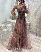 Mia - Bezaubernde Eleganz – One-Shoulder-Maxikleid mit hohem Schlitz | Abendkleid mit Federn und One-Shoulder-Träger