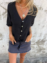 Chic Sommer V-Ausschnitt Baumwoll-Leinen Top für Damen