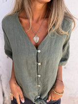 Chic Sommer V-Ausschnitt Baumwoll-Leinen Top für Damen