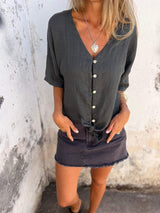 Chic Sommer V-Ausschnitt Baumwoll-Leinen Top für Damen