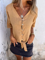 Chic Sommer V-Ausschnitt Baumwoll-Leinen Top für Damen