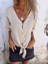 Chic Sommer V-Ausschnitt Baumwoll-Leinen Top für Damen