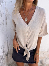Chic Sommer V-Ausschnitt Baumwoll-Leinen Top für Damen