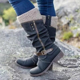 Winterstiefel Damen mit Strickbündchen und Schnalle – Lederoptik, verschiedene Farben