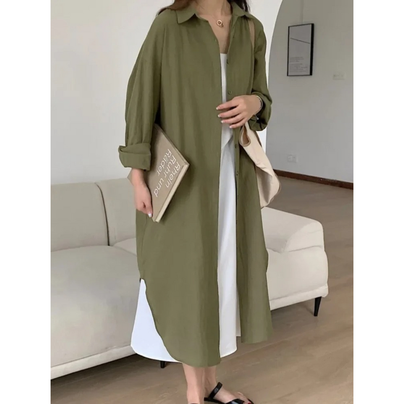 Astrid - Vintage Leinen-Baumwoll-Blusenkleid in mittlerer Länge