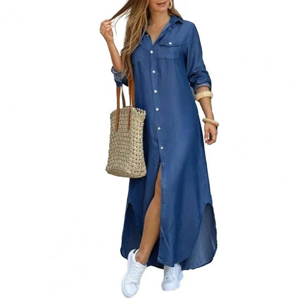 Kimmy – blaues schlichtes Fleece-Blusenkleid mit Knöpfen