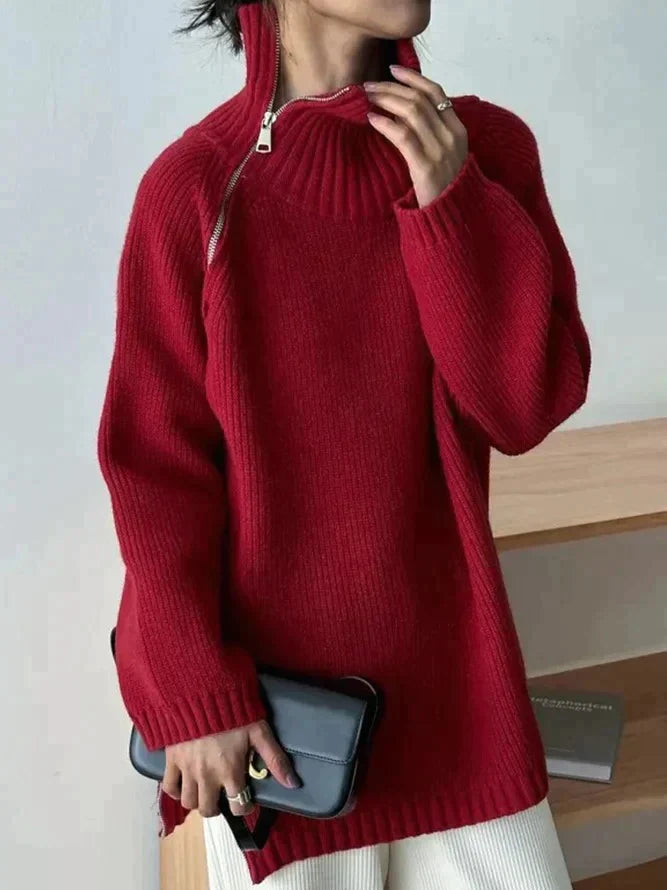 Lisa - Roter Oversize-Pullover mit hohem Kragen für die Herbst/Winter