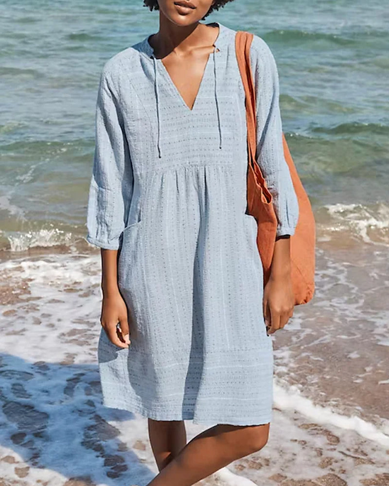 Linda - Leichtes Strandkleid in A-Linie mit V-Ausschnitt | Lässiges Sommerkleid mit Dreiviertelärmeln