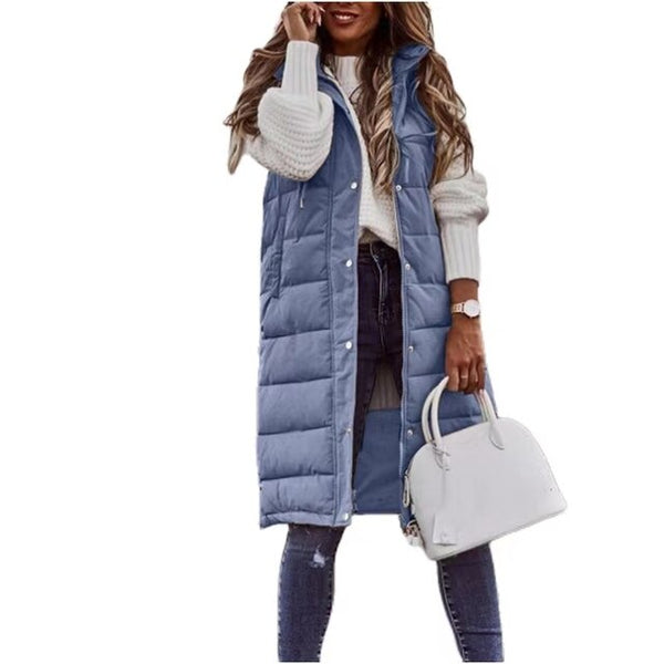 Lange Damen Steppweste mit Kapuze – Modische, warme Weste für Herbst und Winter, ideal für Layering und Freizeitoutfits