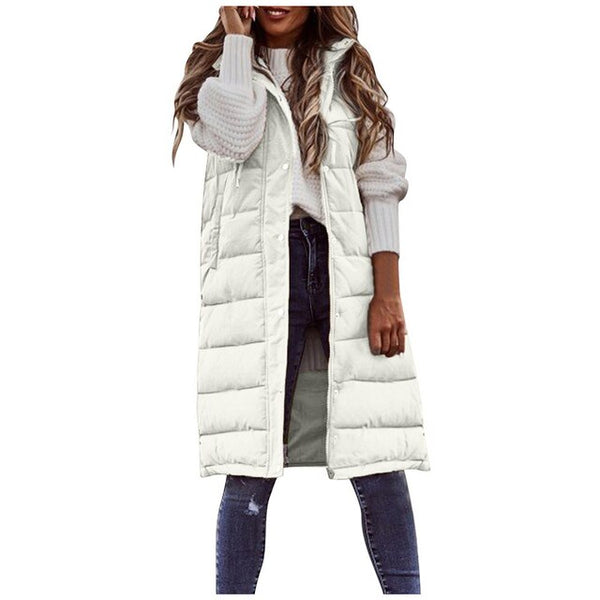 Lange Damen Steppweste mit Kapuze – Modische, warme Weste für Herbst und Winter, ideal für Layering und Freizeitoutfits