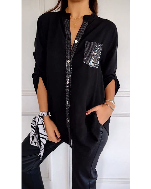 Amelia - Schicke Bluse mit Knopfleiste und Paillettenbesatz für Damen | Elegante Langarmbluse mit Paillettentasche