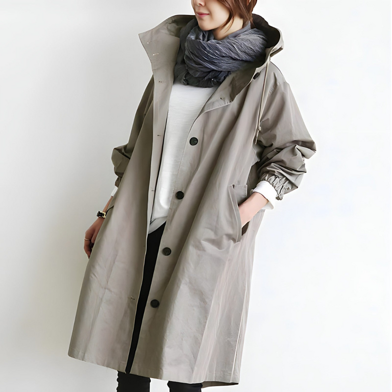 Damen Oversize Trenchcoat mit Kapuze – Lässiger, wasserabweisender Mantel in Grau für den Übergang