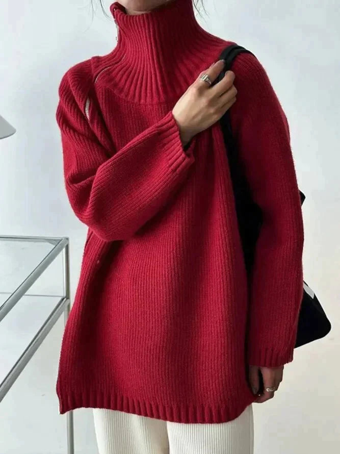 Lisa - Roter Oversize-Pullover mit hohem Kragen für die Herbst/Winter