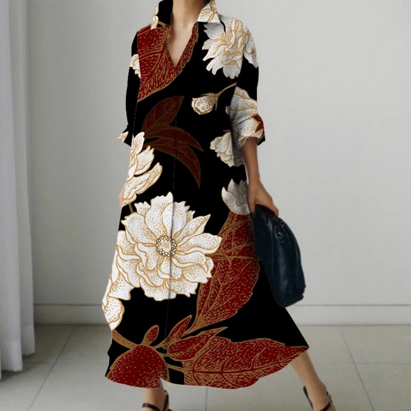 Hanabi – elegantes schwarzes Blusenkleid mit Blumendruck und Drehkragen