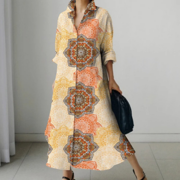 Camilla – Atmungsaktives Blusenkleid im Business-Stil mit geometrischem Print