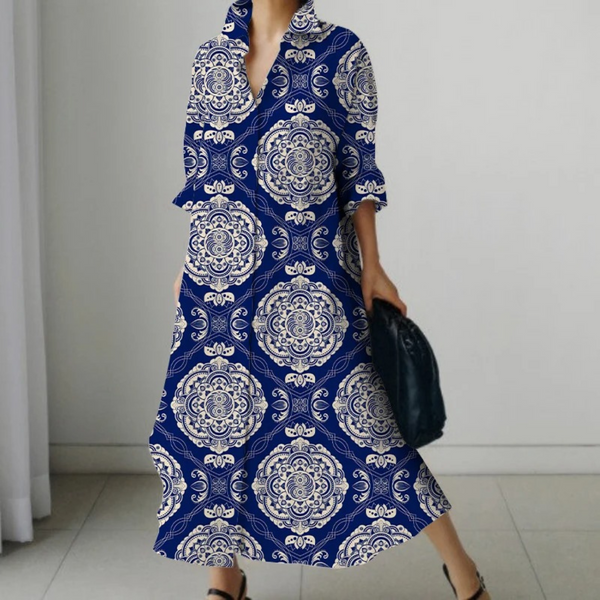 Camilla – Atmungsaktives Blusenkleid im Business-Stil mit geometrischem Print