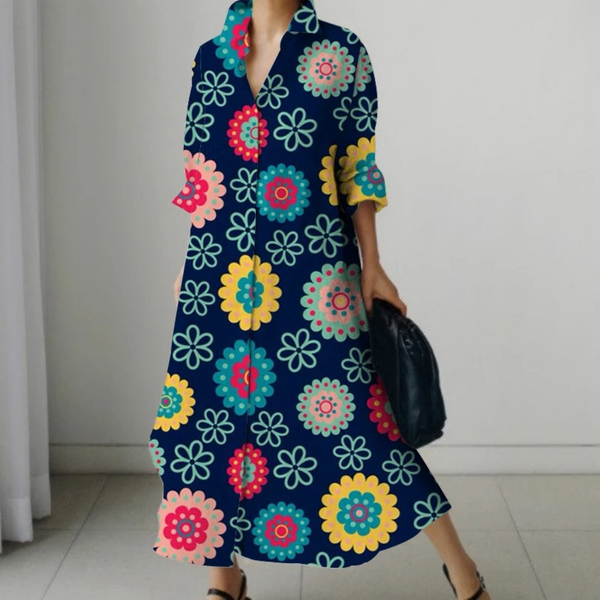 Wanwan – Bequemes Blusenkleid mit Blumendruck und V-Ausschnitt