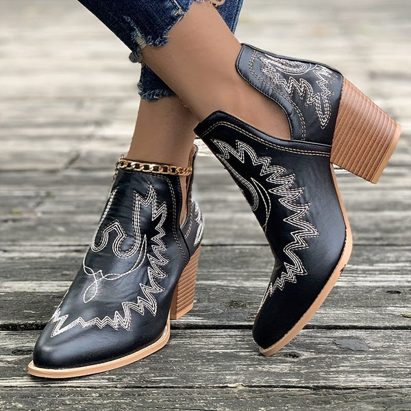 Phebe - Boho Chic Western Ankle Boots | Vintage Style Cowboy Embroidered Leather