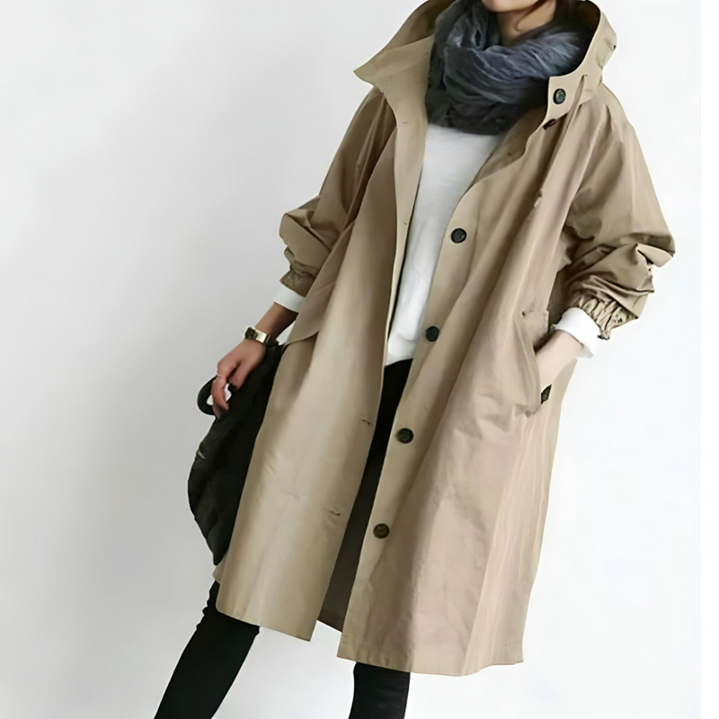 Damen Oversize Trenchcoat mit Kapuze – Lässiger, wasserabweisender Mantel in Grau für den Übergang