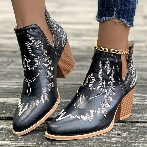 Phebe - Boho Chic Western Ankle Boots | Vintage Style Cowboy Embroidered Leather