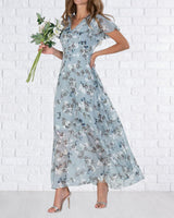 Trixia - Florales Maxikleid Damen | Chiffonstoff luftiges Sommerkleid | Maxikleid mit fließendem Rock