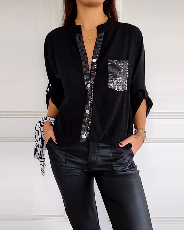 Amelia - Schicke Bluse mit Knopfleiste und Paillettenbesatz für Damen | Elegante Langarmbluse mit Paillettentasche