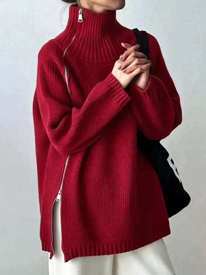 Lisa - Roter Oversize-Pullover mit hohem Kragen für die Herbst/Winter