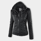 Damen Biker-Jacke aus Kunstleder – Stylische Jacke mit Kapuze und Reißverschlüssen, ideal für Herbst und Frühjahr