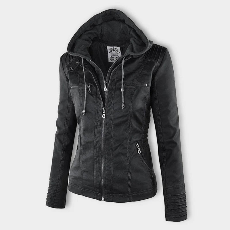 Damen Biker-Jacke aus Kunstleder – Stylische Jacke mit Kapuze und Reißverschlüssen, ideal für Herbst und Frühjahr