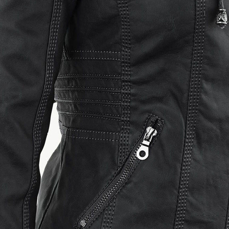 Damen Biker-Jacke aus Kunstleder – Stylische Jacke mit Kapuze und Reißverschlüssen, ideal für Herbst und Frühjahr