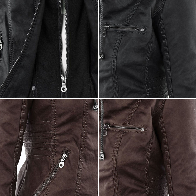 Damen Biker-Jacke aus Kunstleder – Stylische Jacke mit Kapuze und Reißverschlüssen, ideal für Herbst und Frühjahr