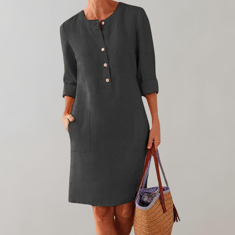 Yuna - bequemes Hemdkleid Damen | Button-Down-Front-Damenkleid | Zeitloses Kleid mit Dreiviertelärmeln