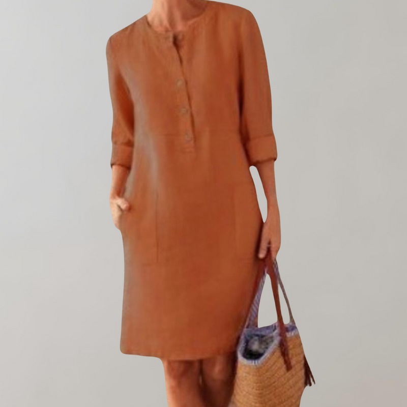 Yuna - bequemes Hemdkleid Damen | Button-Down-Front-Damenkleid | Zeitloses Kleid mit Dreiviertelärmeln