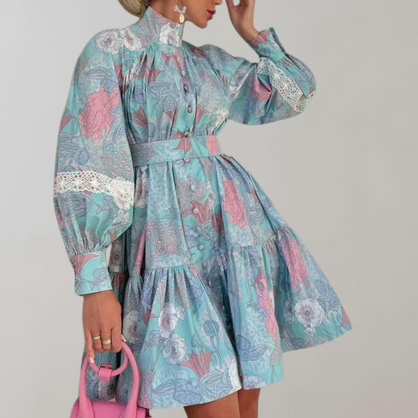 Liliana - Elegantes Stufenkleid mit Blumendruck für Damen | Langes Kleid mit Puffärmeln